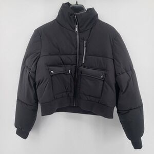 Maralyn & Me Bomber Patch Pocket Puffer Cropped Jacket Black Women's size XL New